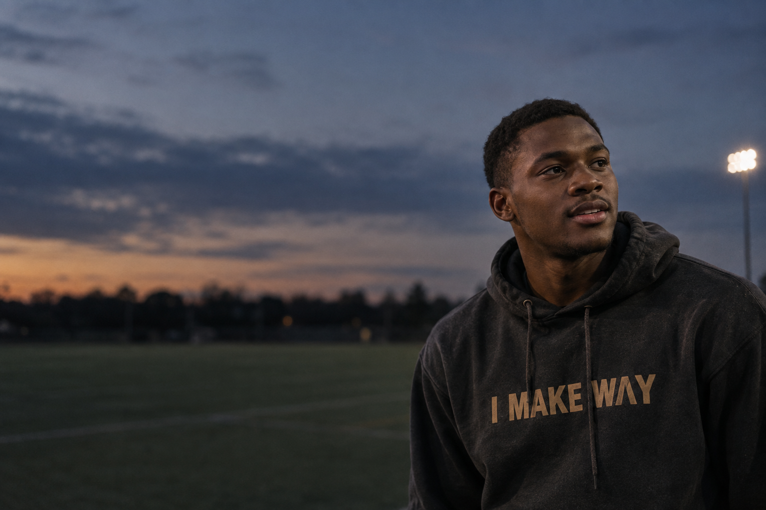 An athlete in a charcoal I MAKE WAY hoodie looking ahead beneath the evening stadium sky